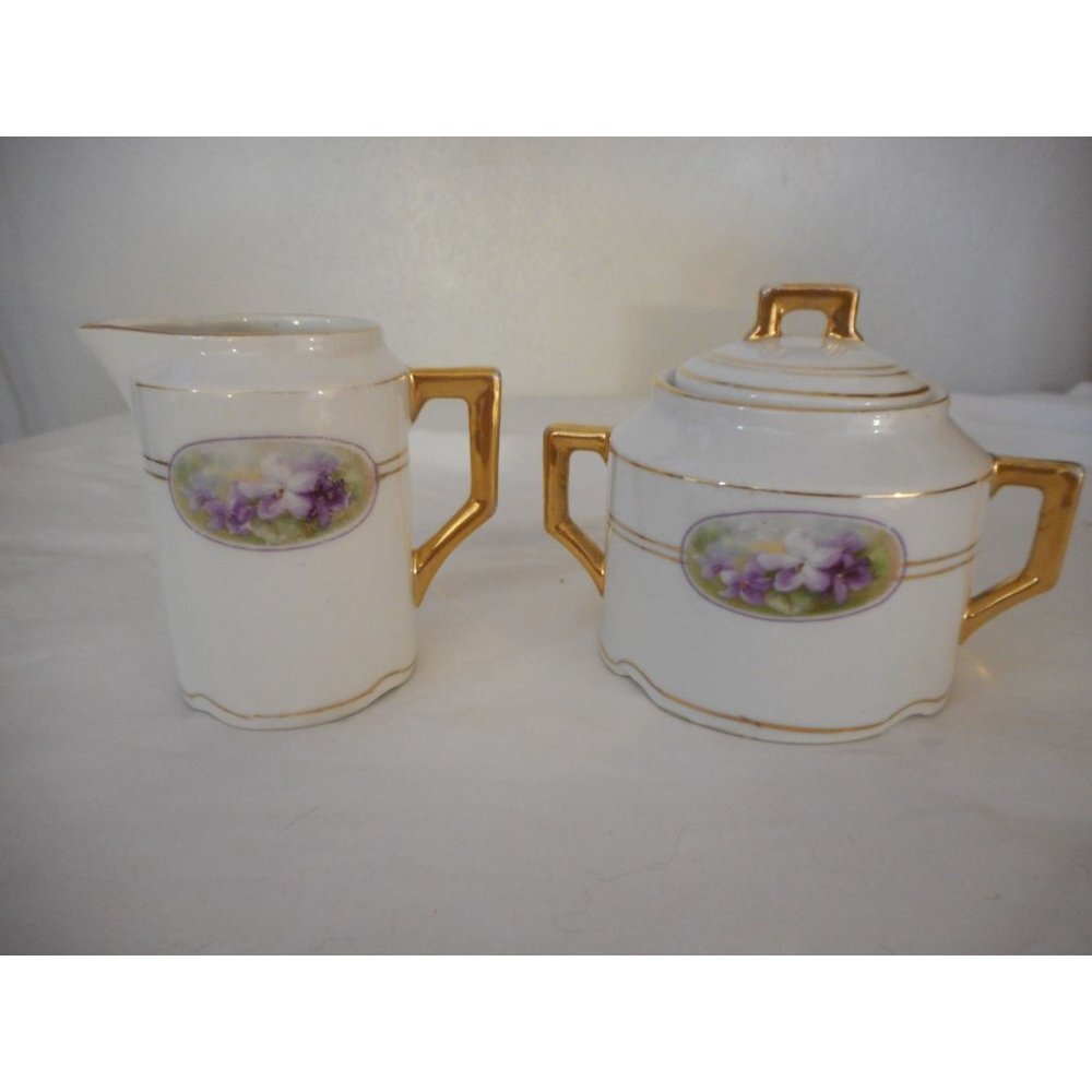 Antique Floral Violet Gold on White Sugar and creamer Made in Bavaria